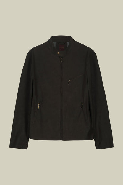 Men's biker jacket in lined faux leather with mandarin collar