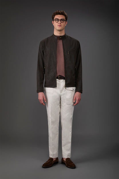 Men's biker jacket in lined faux leather with mandarin collar