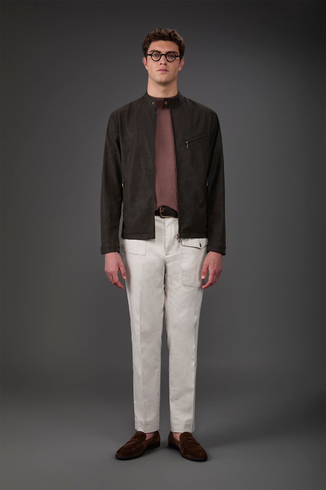 Men's biker jacket in lined faux leather with mandarin collar. Cold Brown