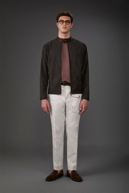 Men's biker jacket in lined faux leather with mandarin collar. Cold Brown