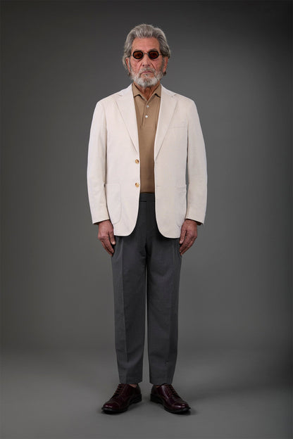 Men's unlined single-breasted jacket with classic lapels and patch pockets, jersey fabric