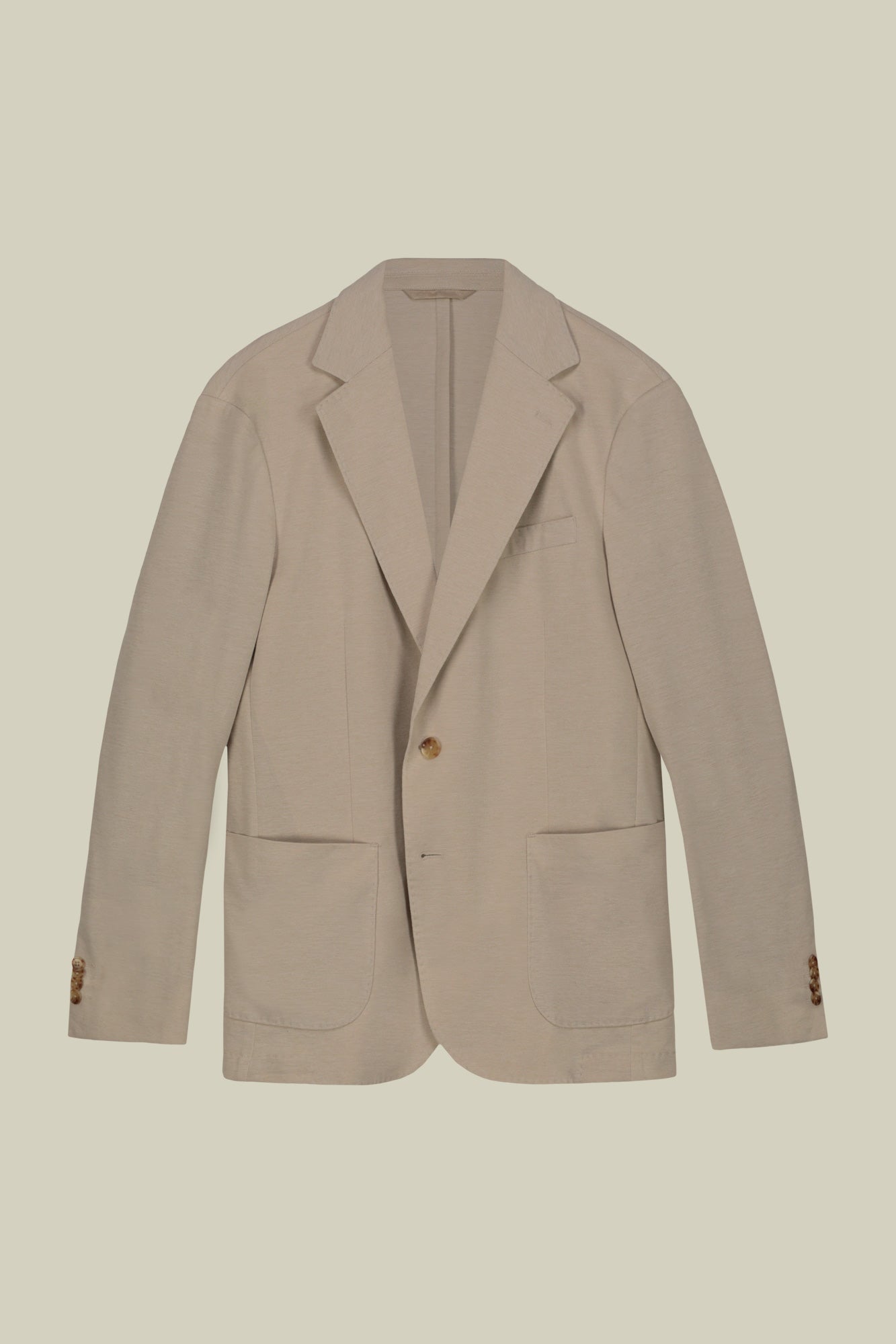 Men's unlined single-breasted jacket with classic lapels and patch pockets, jersey fabric