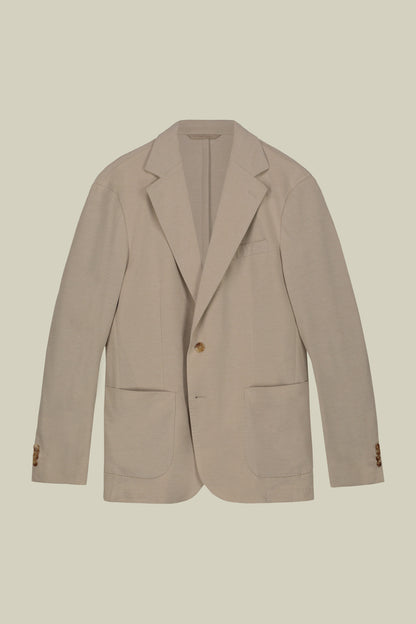 Men's unlined single-breasted jacket with classic lapels and patch pockets, jersey fabric