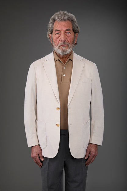 Men's unlined single-breasted jacket with classic lapels and patch pockets, jersey fabric
