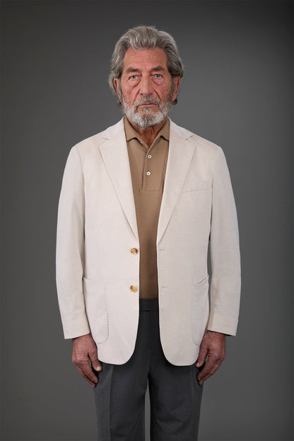 Men's unlined single-breasted jacket with classic lapels and patch pockets, jersey fabric
