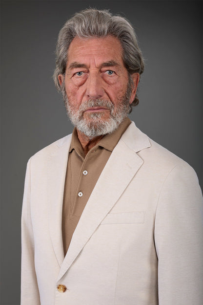 Men's unlined single-breasted jacket with classic lapels and patch pockets, jersey fabric