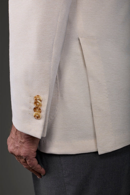 Men's unlined single-breasted jacket with classic lapels and patch pockets, jersey fabric