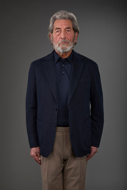 Men's unlined single-breasted jacket with classic lapels and patch pockets, jersey fabric