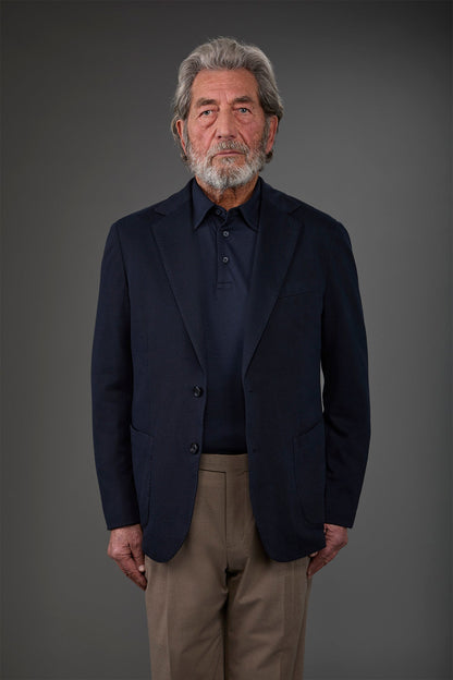 Men's unlined single-breasted jacket with classic lapels and patch pockets, jersey fabric