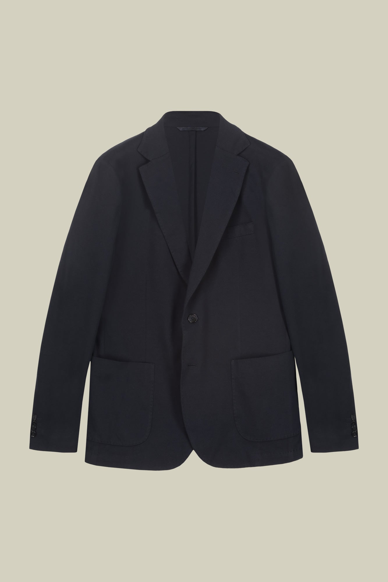 Men's unlined single-breasted jacket with classic lapels and patch pockets, jersey fabric