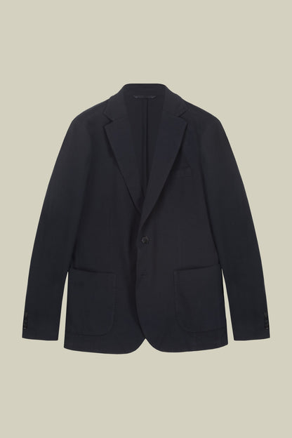 Men's unlined single-breasted jacket with classic lapels and patch pockets, jersey fabric