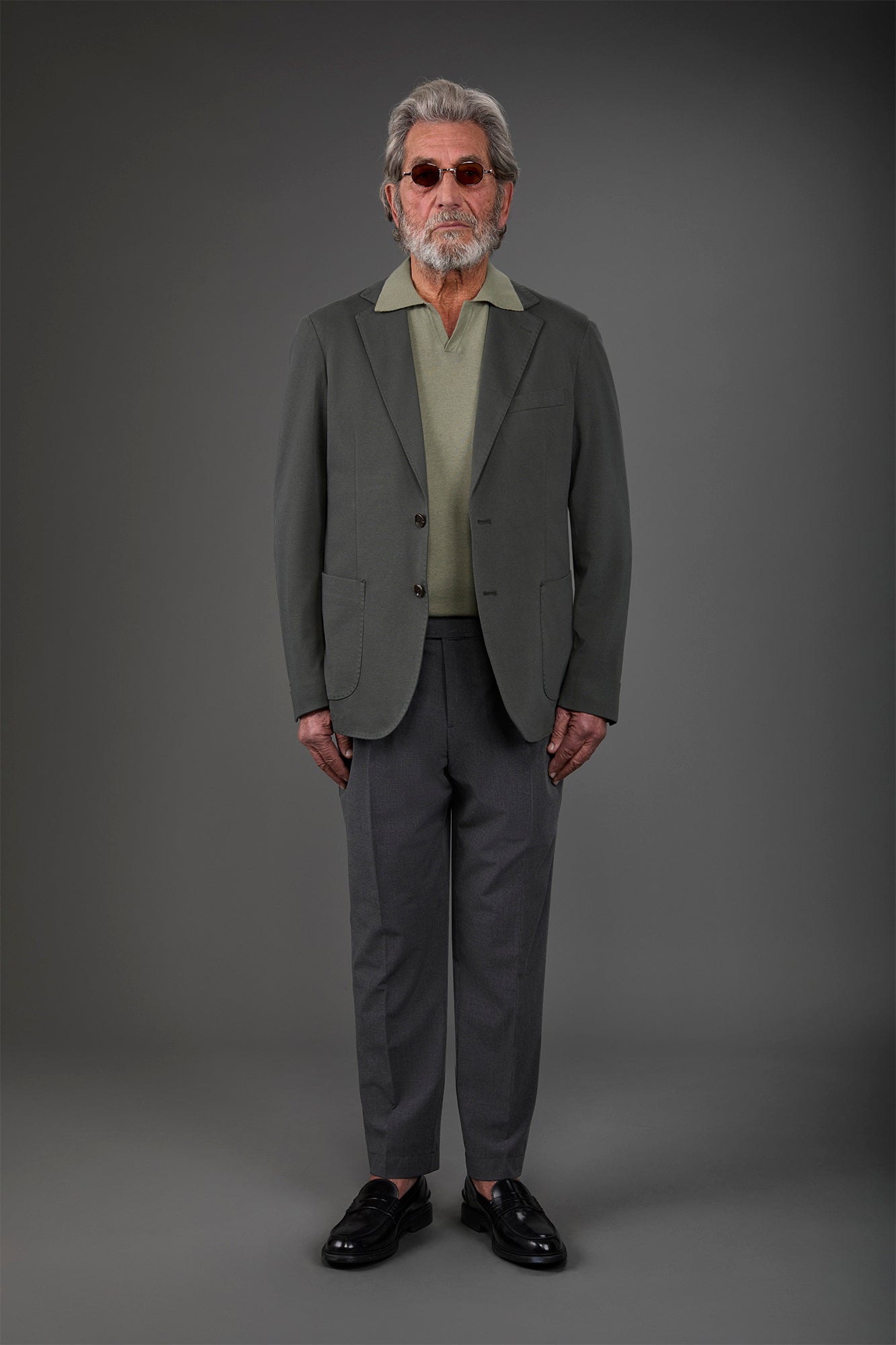 Men's unlined single-breasted jacket with classic lapels and patch pockets, jersey fabric