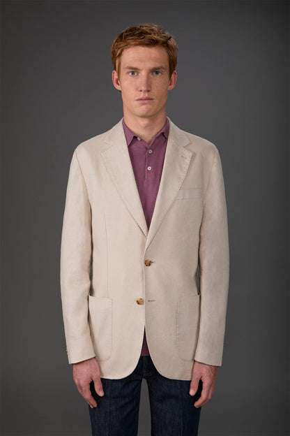 Men's unlined single-breasted jacket with classic lapels and patch pockets