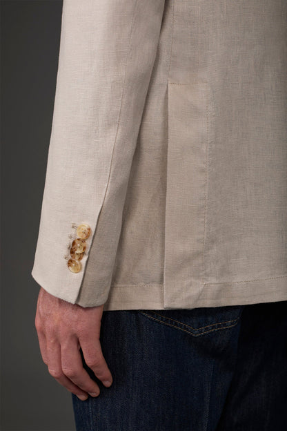 Men's unlined single-breasted jacket with classic lapels and patch pockets