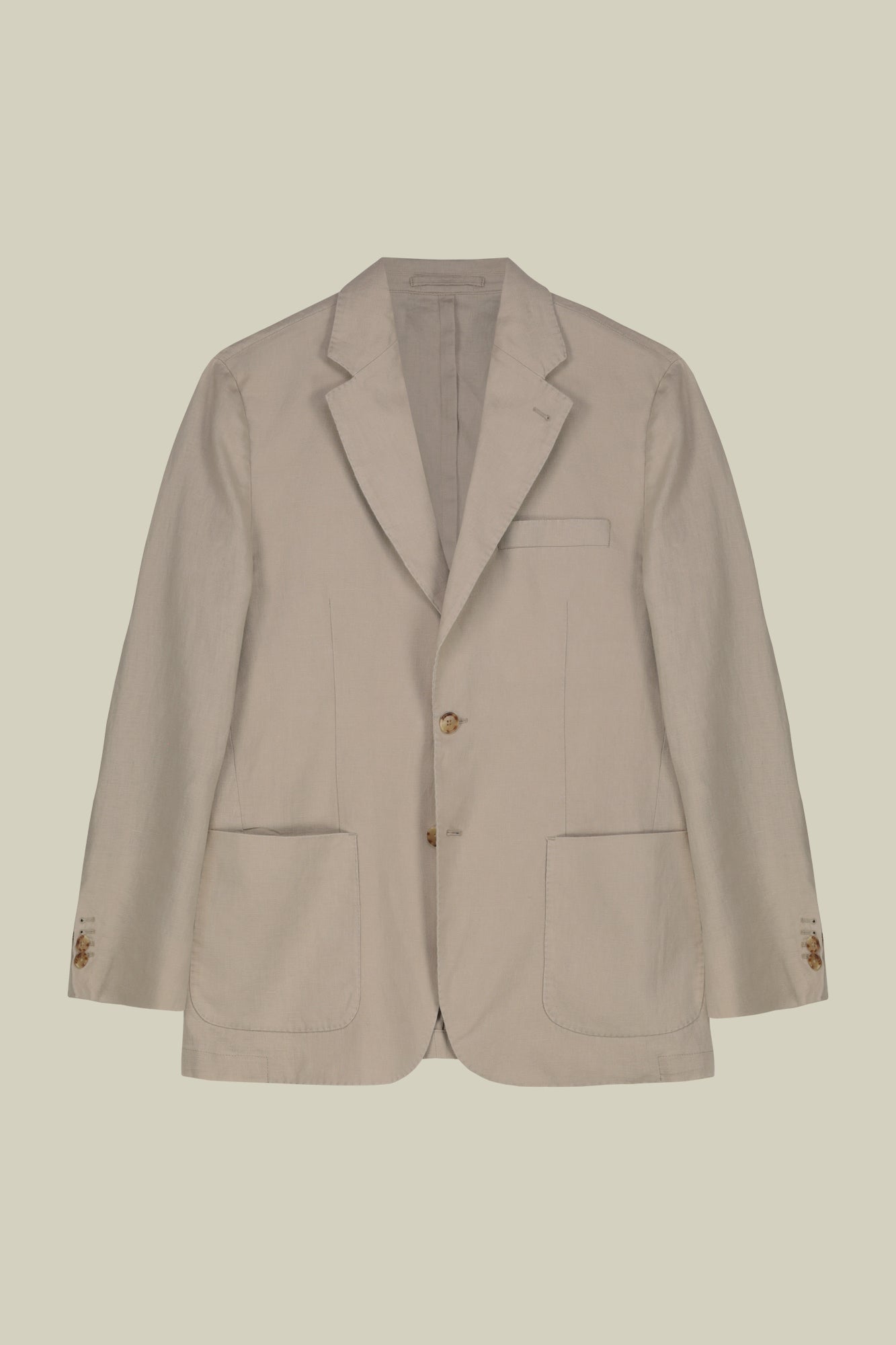 Men's unlined single-breasted jacket with classic lapels and patch pockets