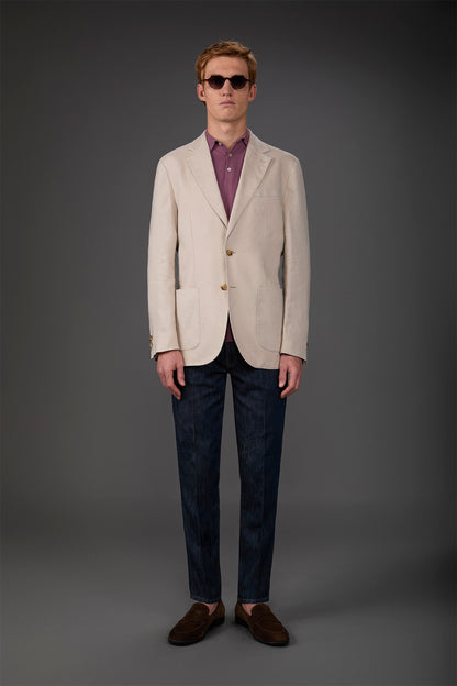 Men's unlined single-breasted jacket with classic lapels and patch pockets