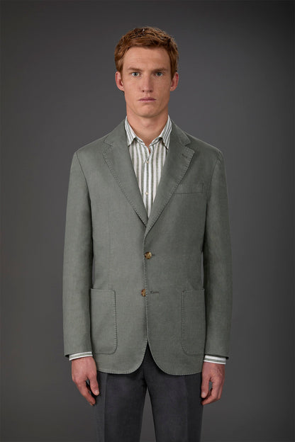 Men's unlined single-breasted jacket with classic lapels and patch pockets