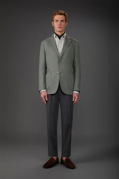 Men's unlined single-breasted jacket with classic lapels and patch pockets