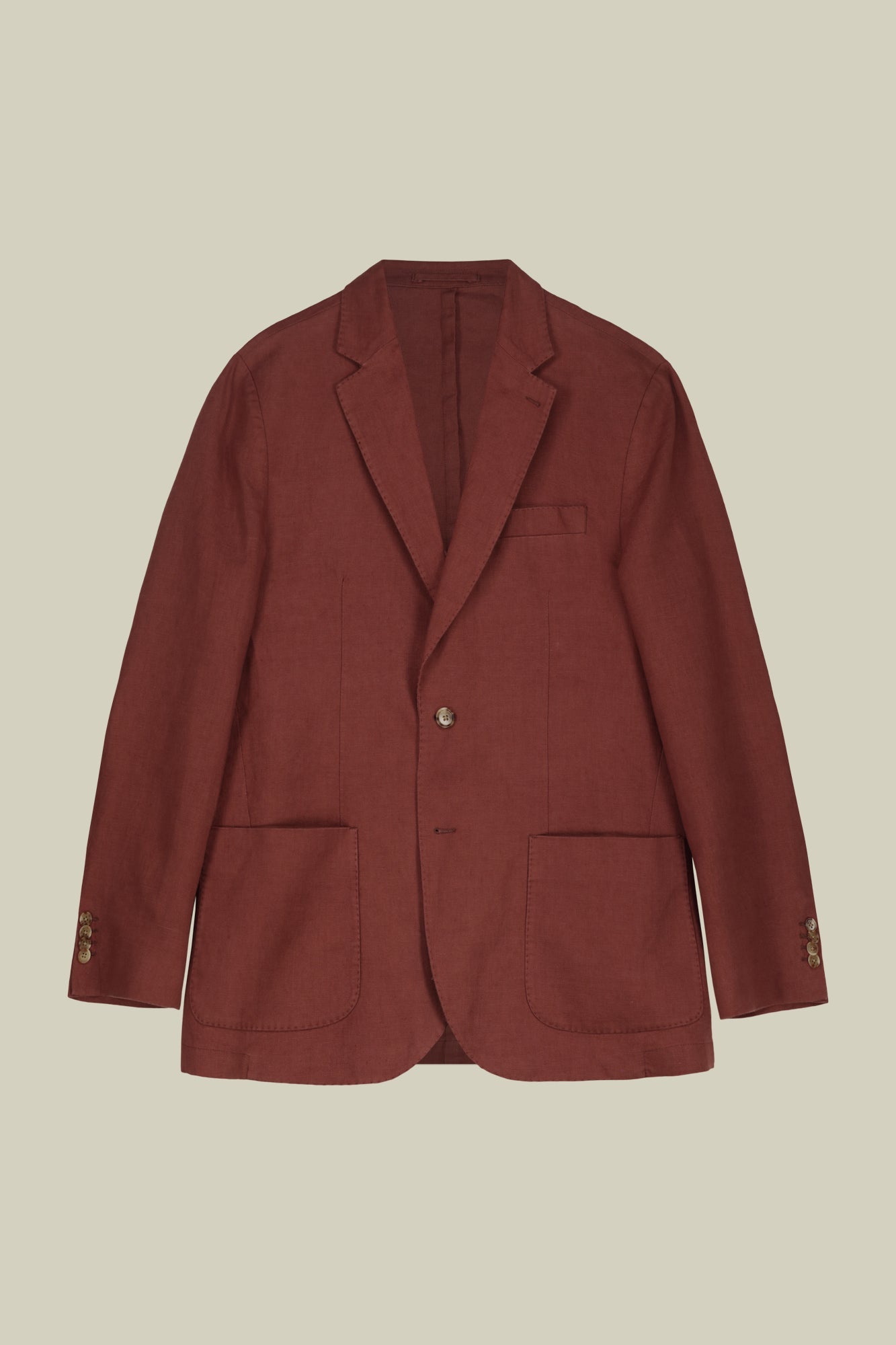 Men's unlined single-breasted jacket with classic lapels and patch pockets