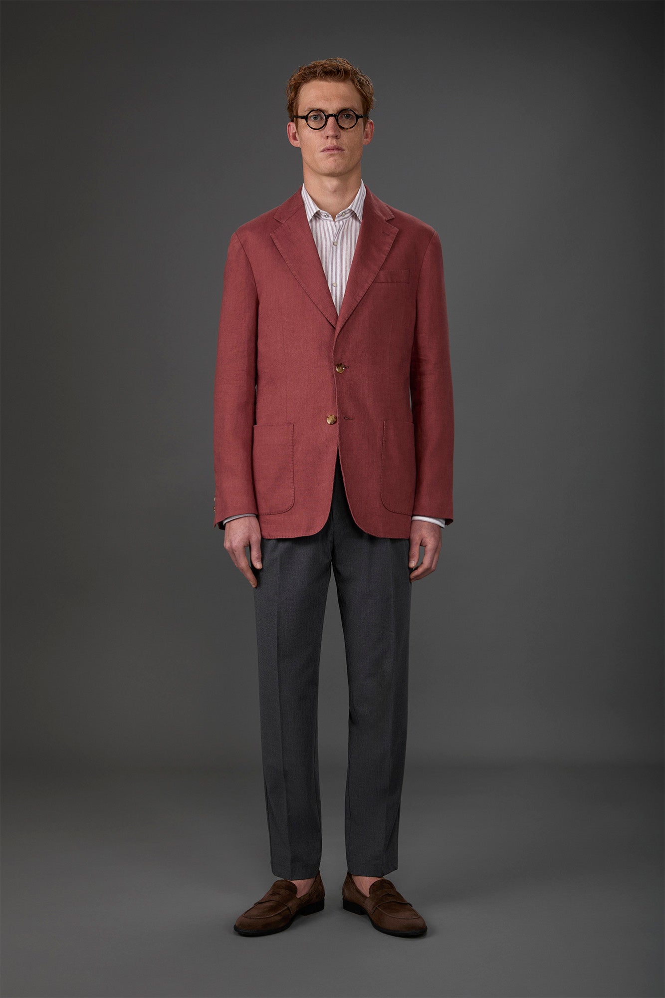 Men's unlined single-breasted jacket with classic lapels and patch pockets Brick