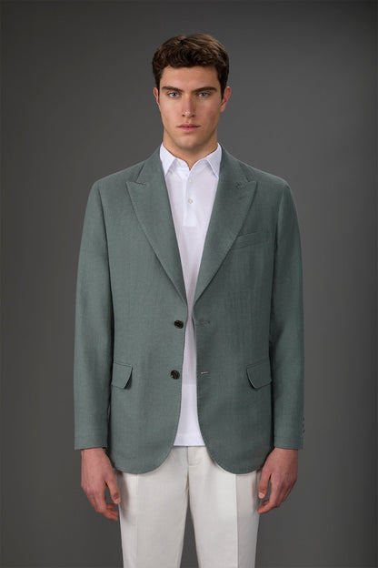 Men's unlined single-breasted jacket with peak lapels and flap pockets