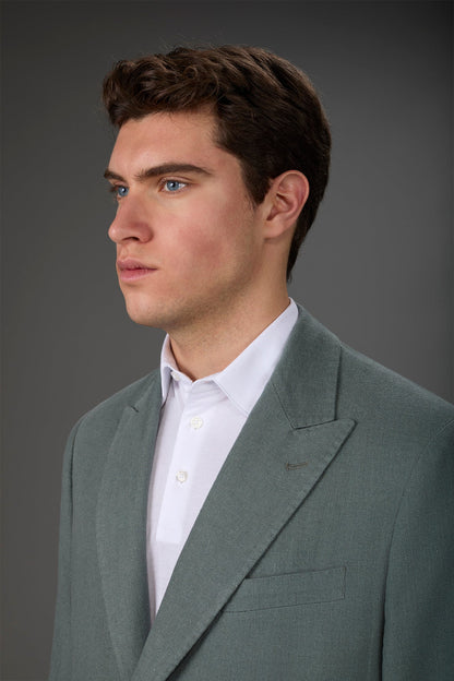 Men's unlined single-breasted jacket with peak lapels and flap pockets
