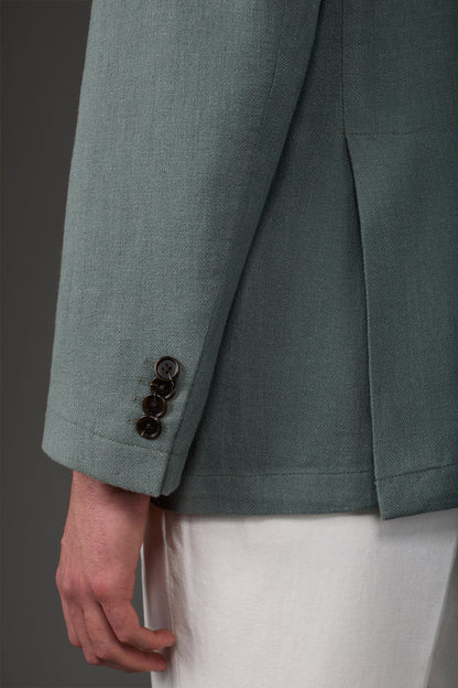 Men's unlined single-breasted jacket with peak lapels and flap pockets