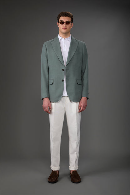Men's unlined single-breasted jacket with peak lapels and flap pockets
