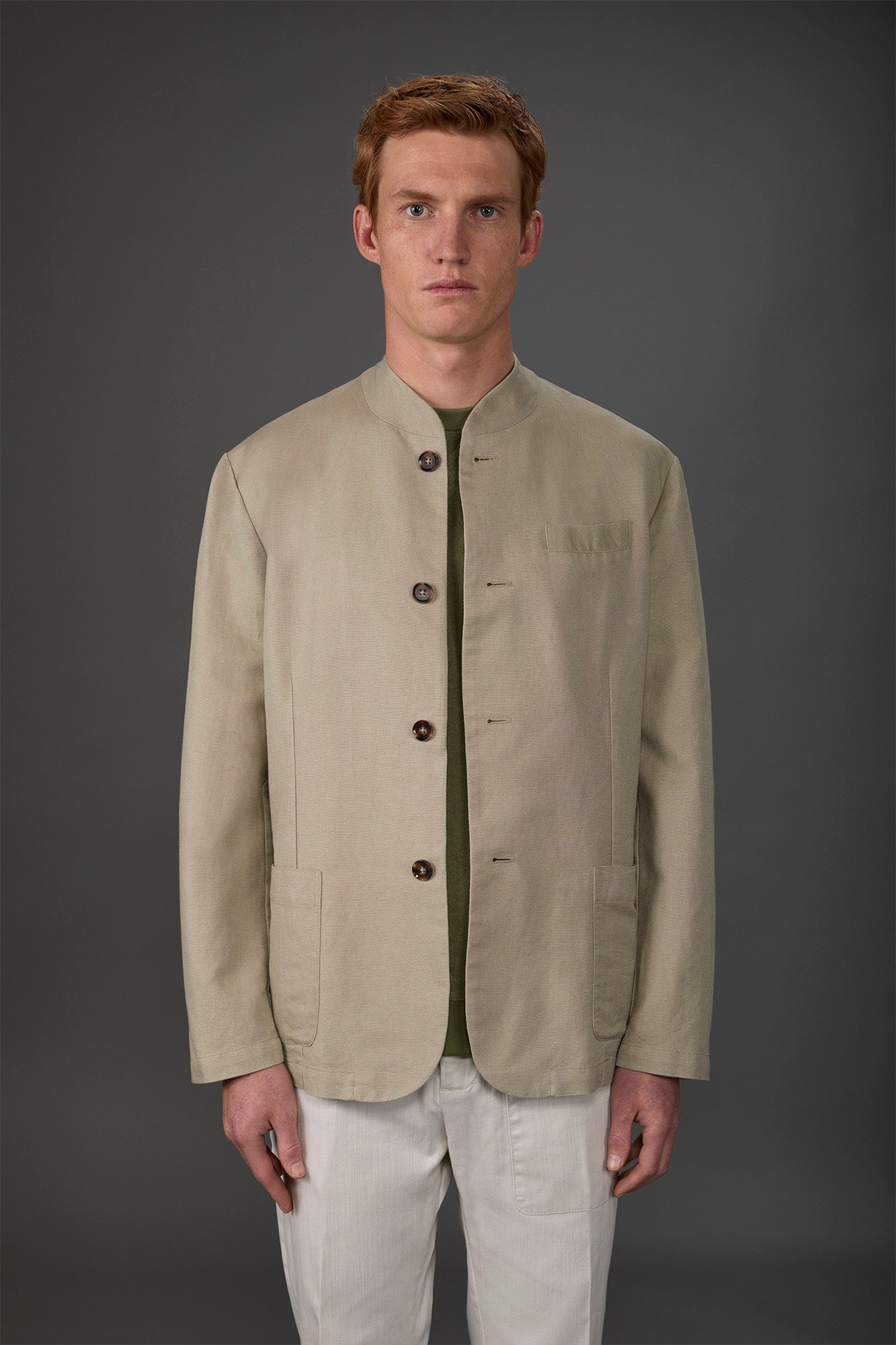 Men's unlined single-breasted jacket with mandarin collar