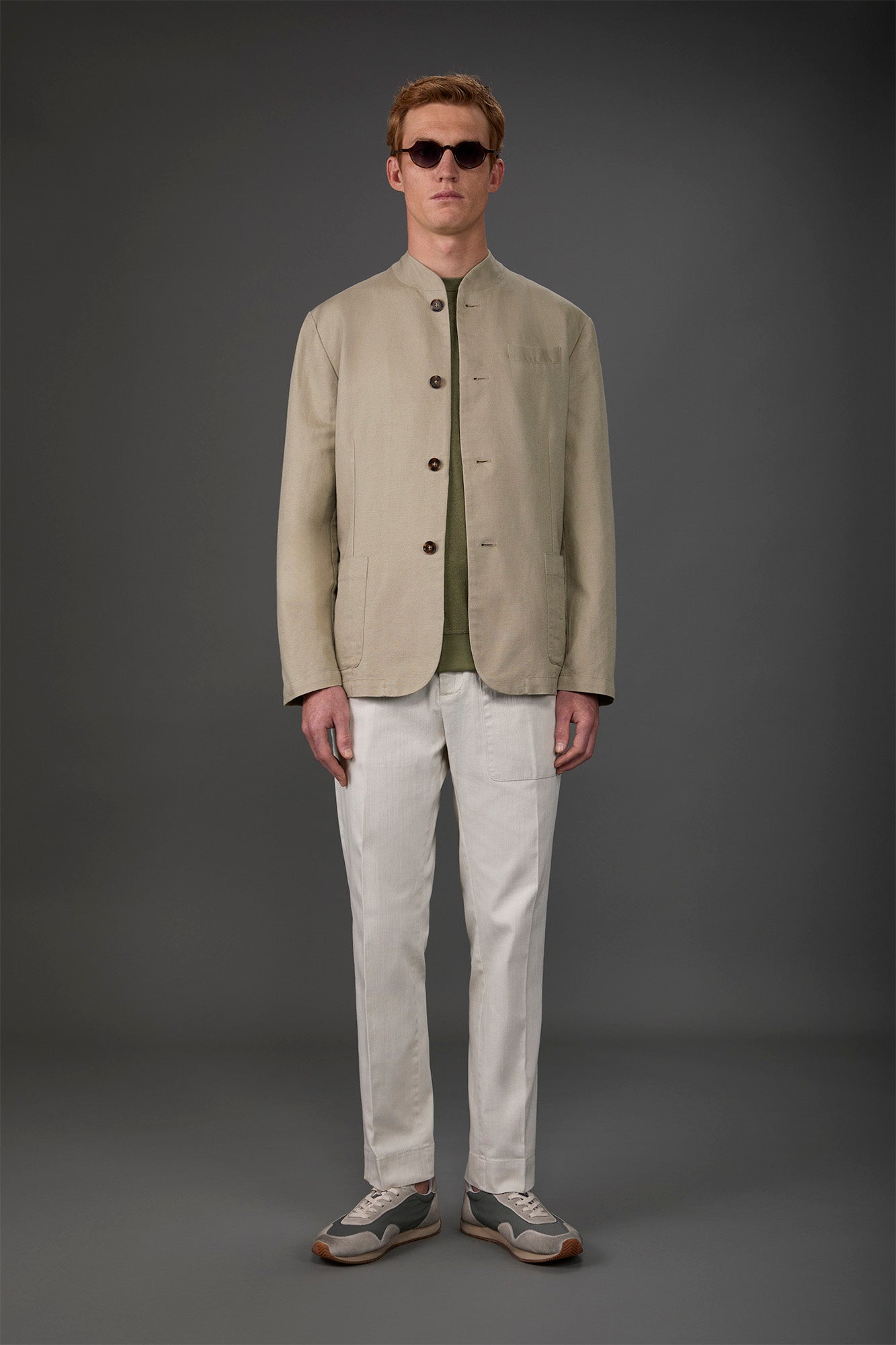 Men's unlined single-breasted jacket with mandarin collar Sand