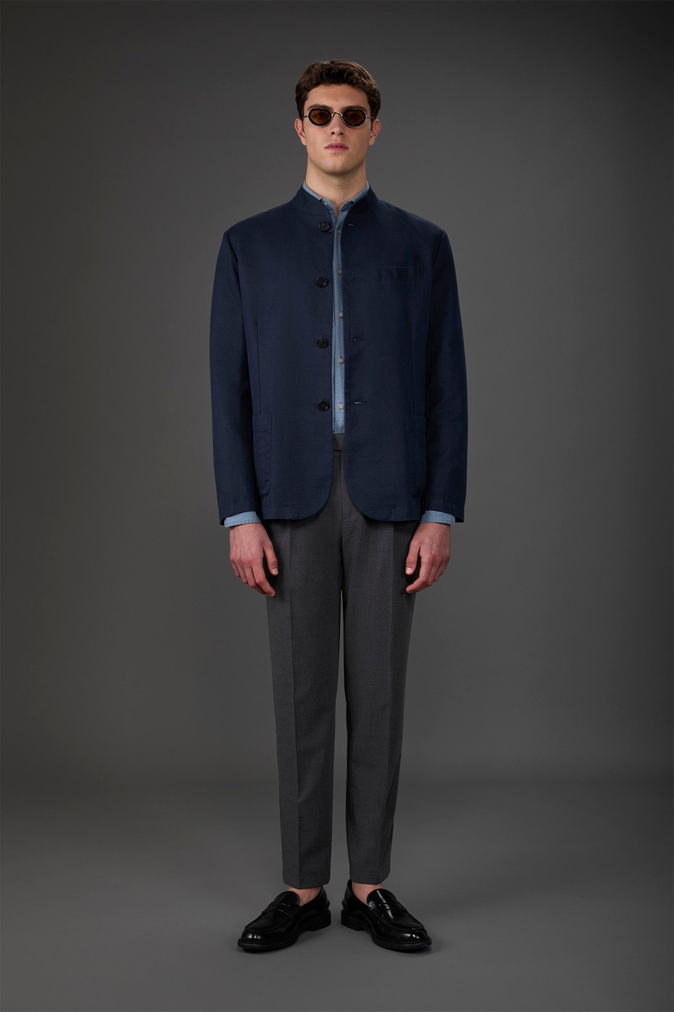 Men's unlined single-breasted jacket with mandarin collar Blue