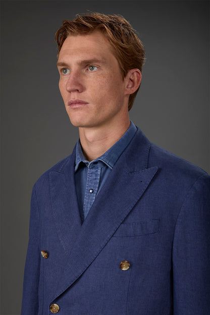Men's pure linen unlined double-breasted jacket with peak lapels and flap pockets