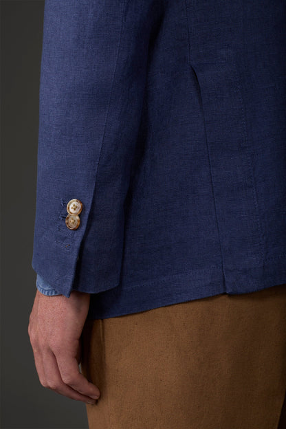 Men's pure linen unlined double-breasted jacket with peak lapels and flap pockets