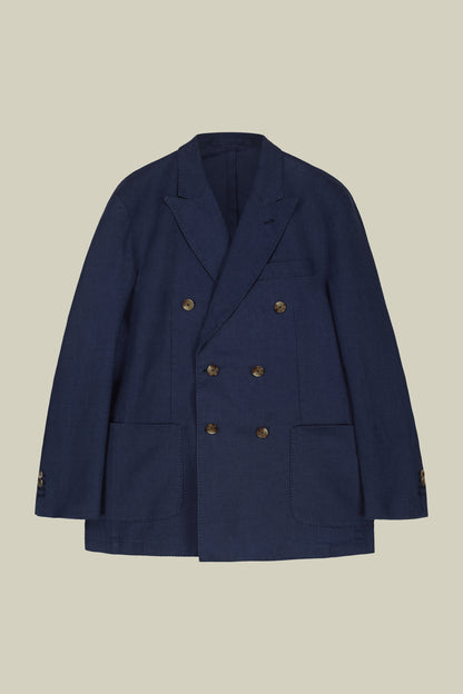 Men's pure linen unlined double-breasted jacket with peak lapels and flap pockets