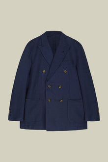 Men's pure linen unlined double-breasted jacket with peak lapels and flap pockets