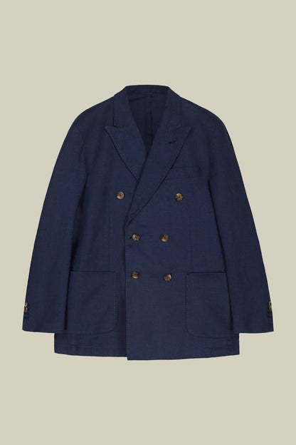 Men's pure linen unlined double-breasted jacket with peak lapels and flap pockets
