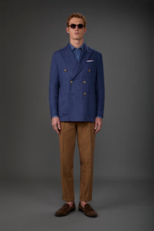 Men's pure linen unlined double-breasted jacket with peak lapels and flap pockets