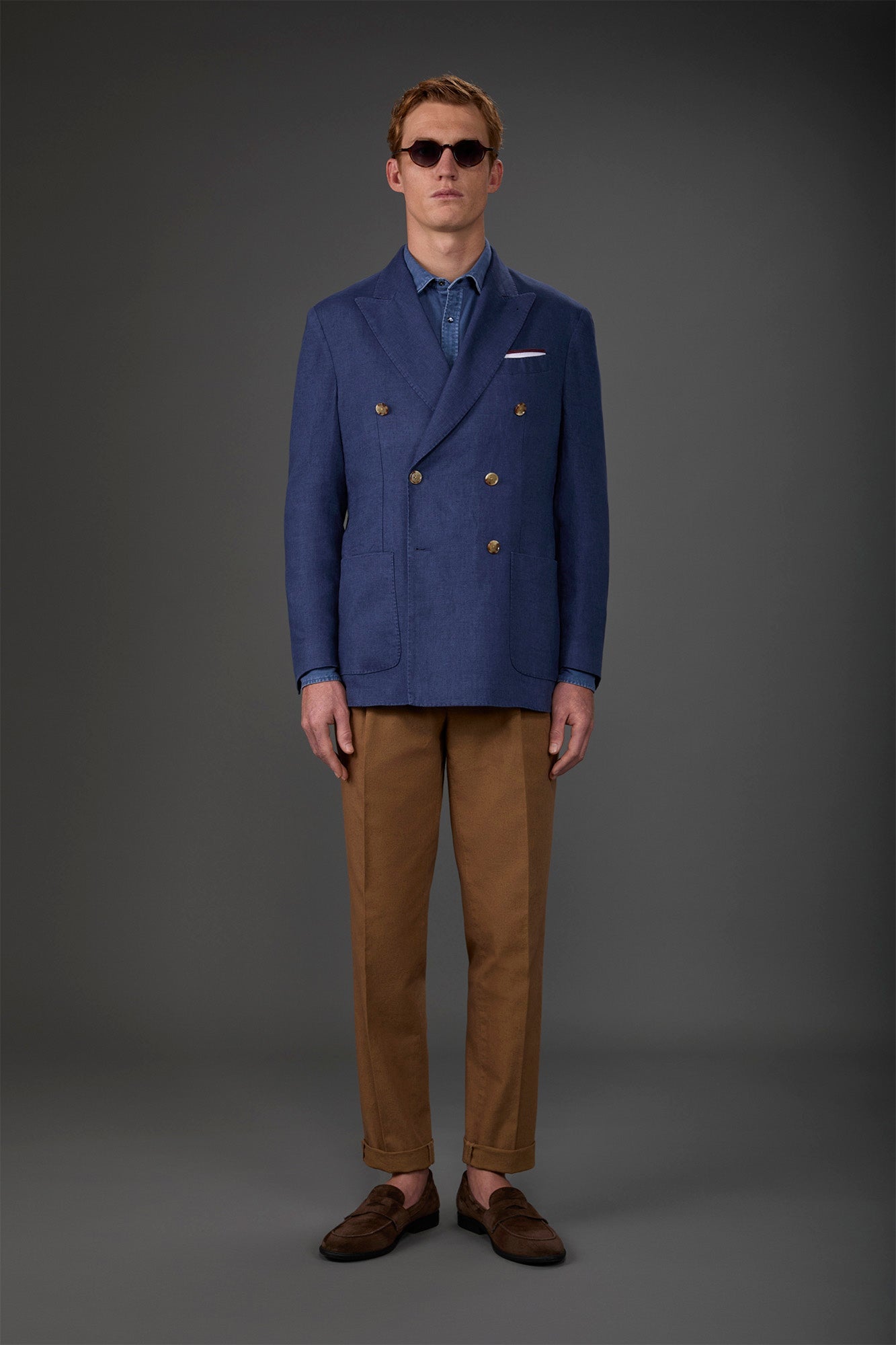 Men's pure linen unlined double-breasted jacket with peak lapels and flap pockets. Denim