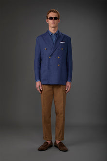 Men's pure linen unlined double-breasted jacket with peak lapels and flap pockets. Denim