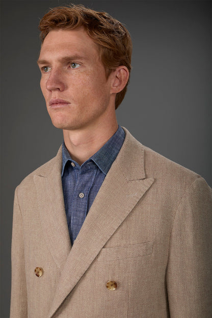 Men's unlined double-breasted jacket with peak lapels and flap pockets