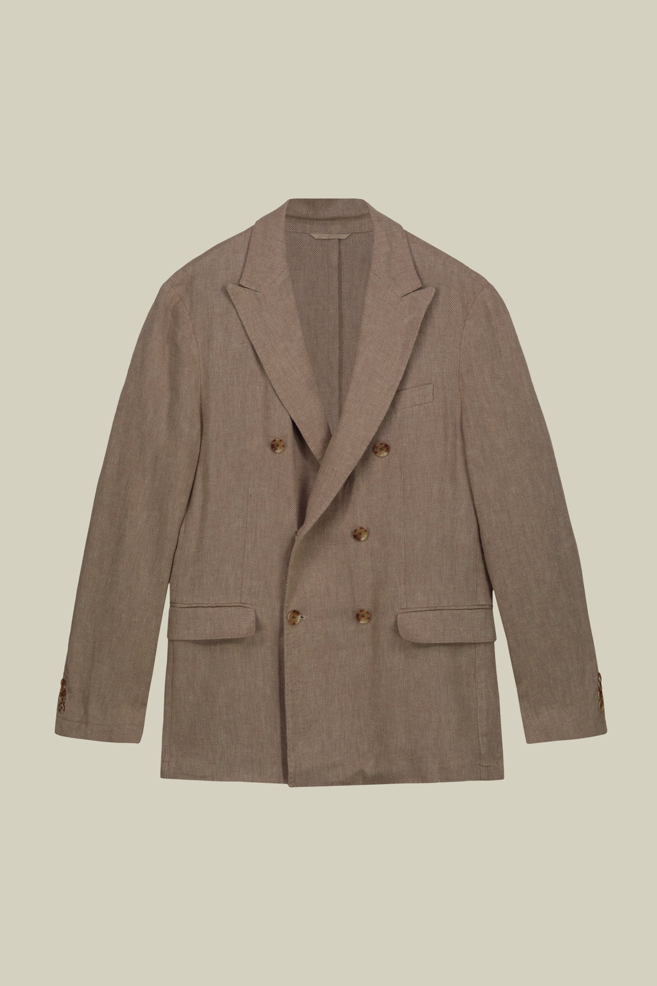 Men's unlined double-breasted jacket with peak lapels and flap pockets