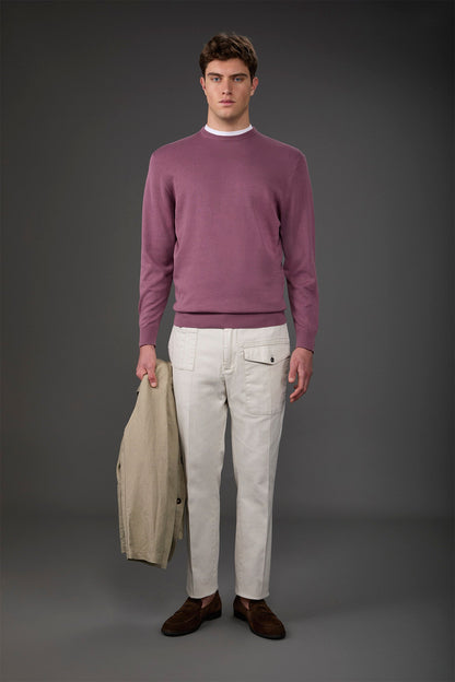 Men's crew neck sweater in bio-washed 100% cotton Mauve