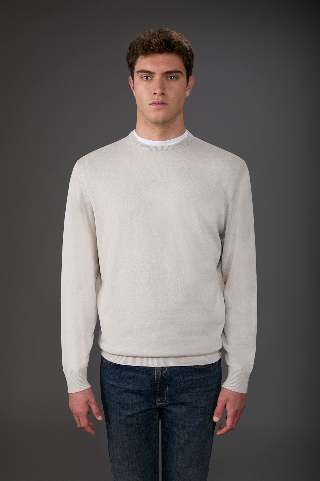 Men's crew neck sweater in bio-washed 100% cotton