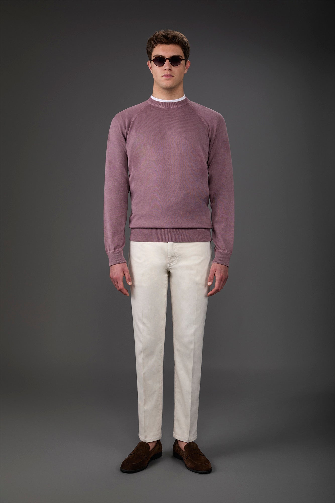 Men's crew neck pure cotton sweater with raglan sleeves Mauve