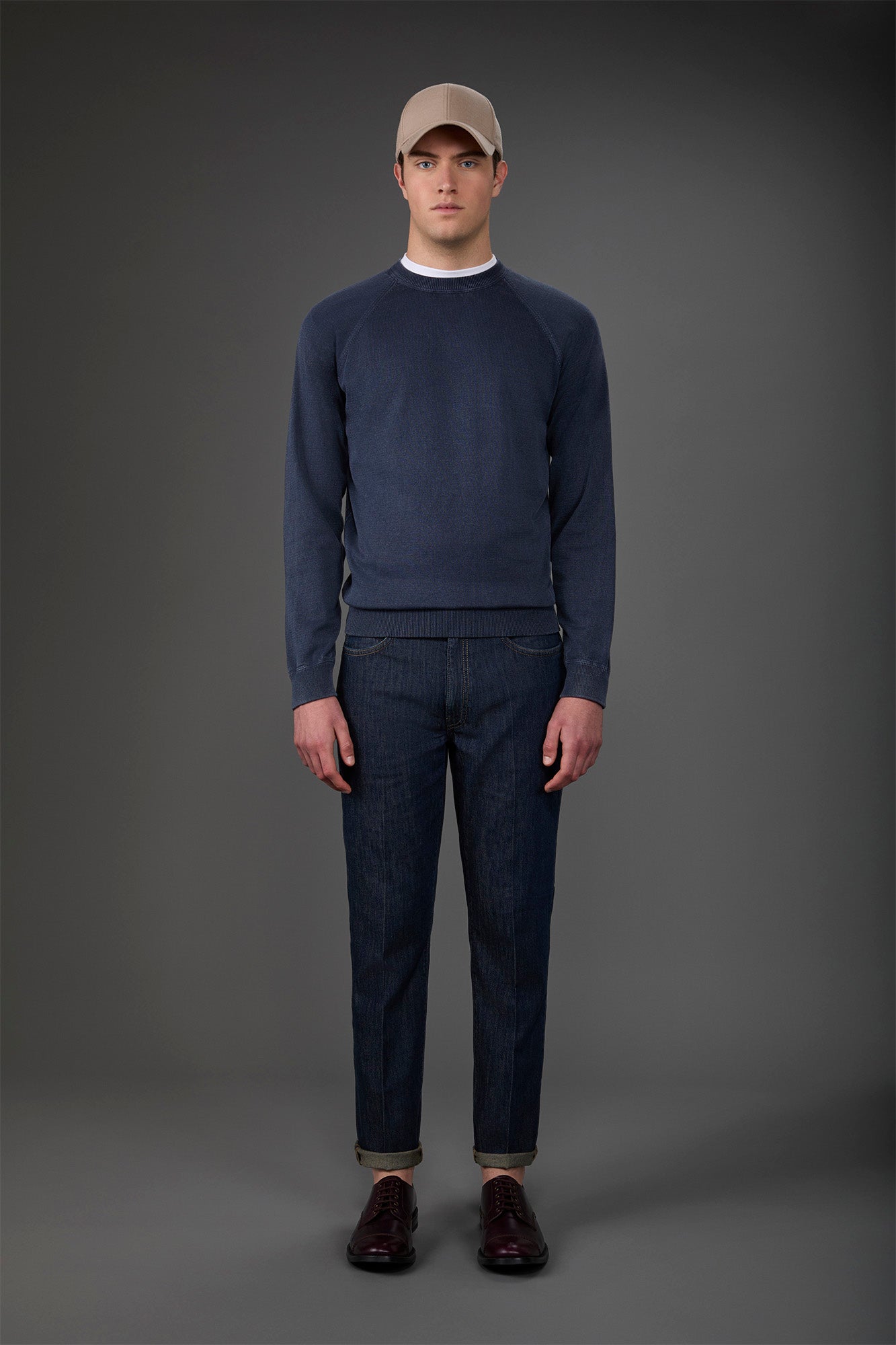 Men's crew neck pure cotton sweater with raglan sleeves Denim