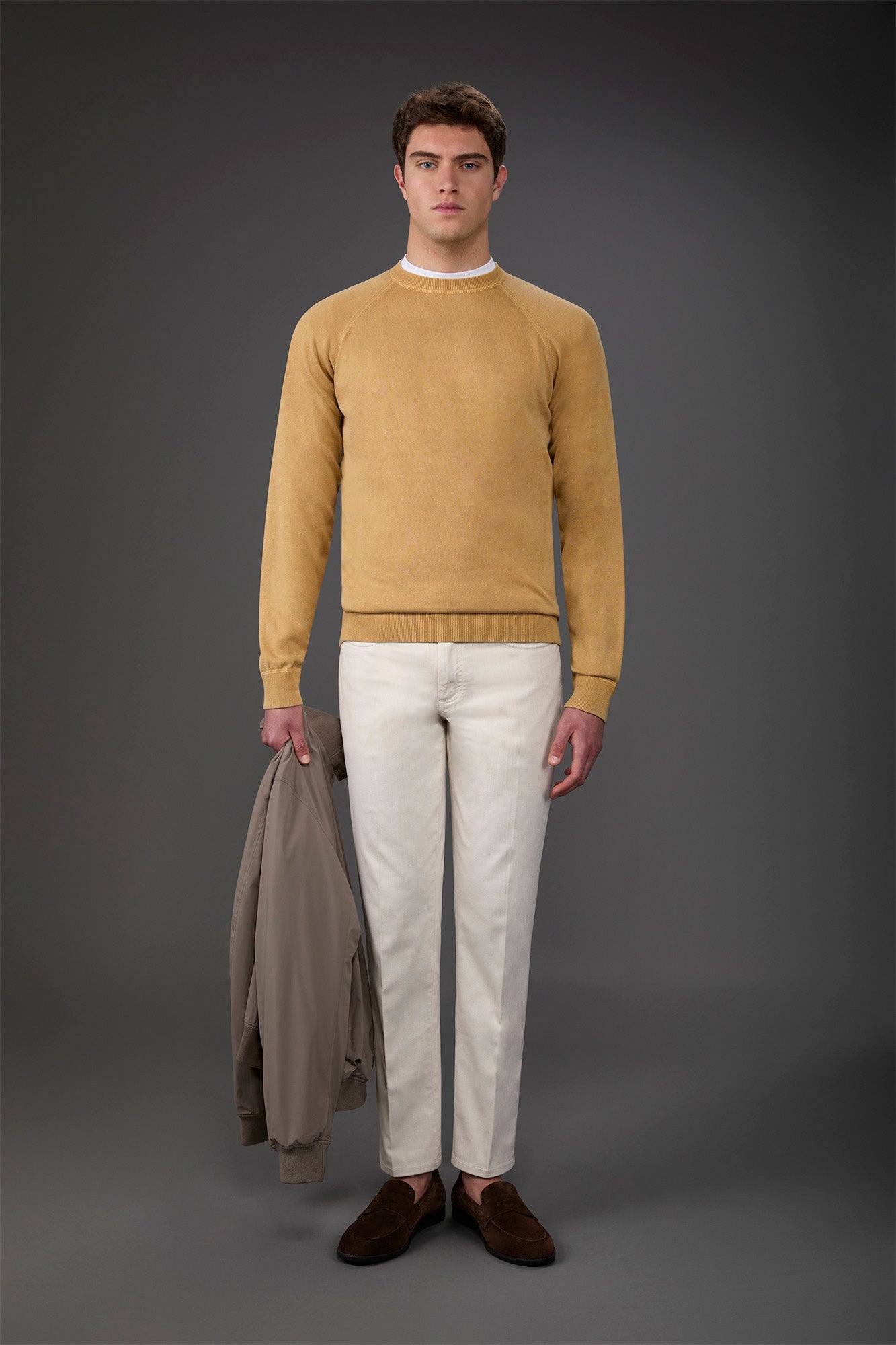 Men's crew neck pure cotton sweater with raglan sleeves Ochre Yellow