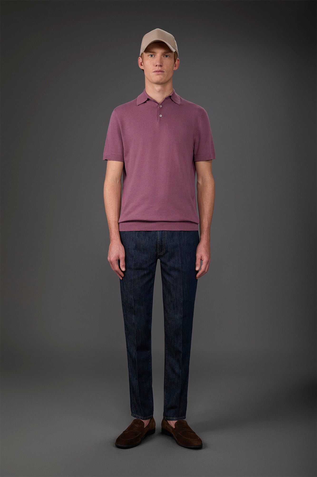 Men's short-sleeved knitted polo shirt Mauve