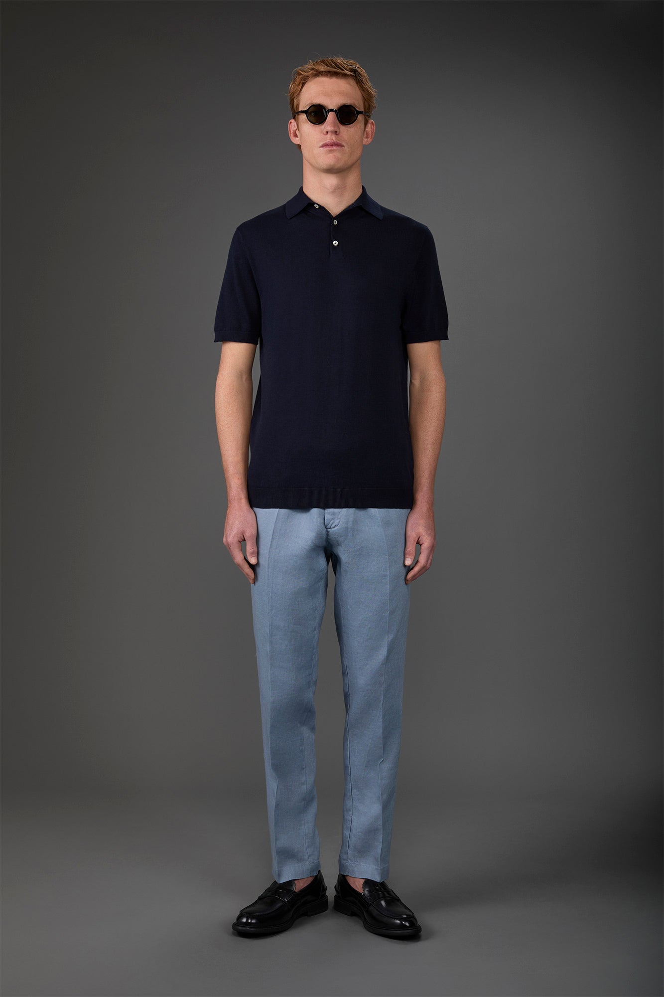 Men's short-sleeved knitted polo shirt Blue Navy