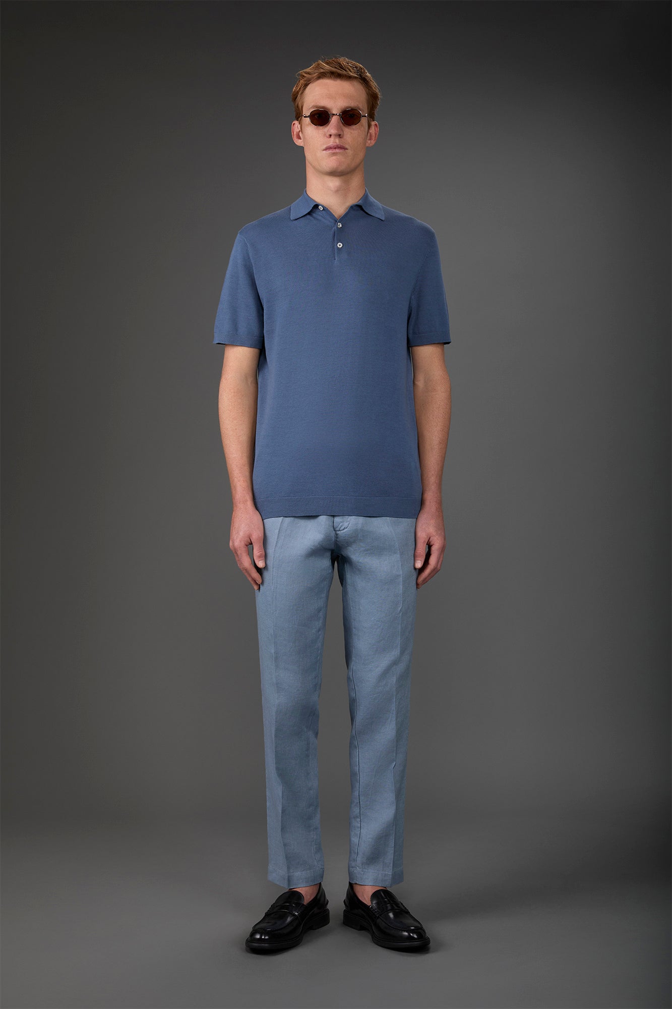 Men's short-sleeved knitted polo shirt Cerulean