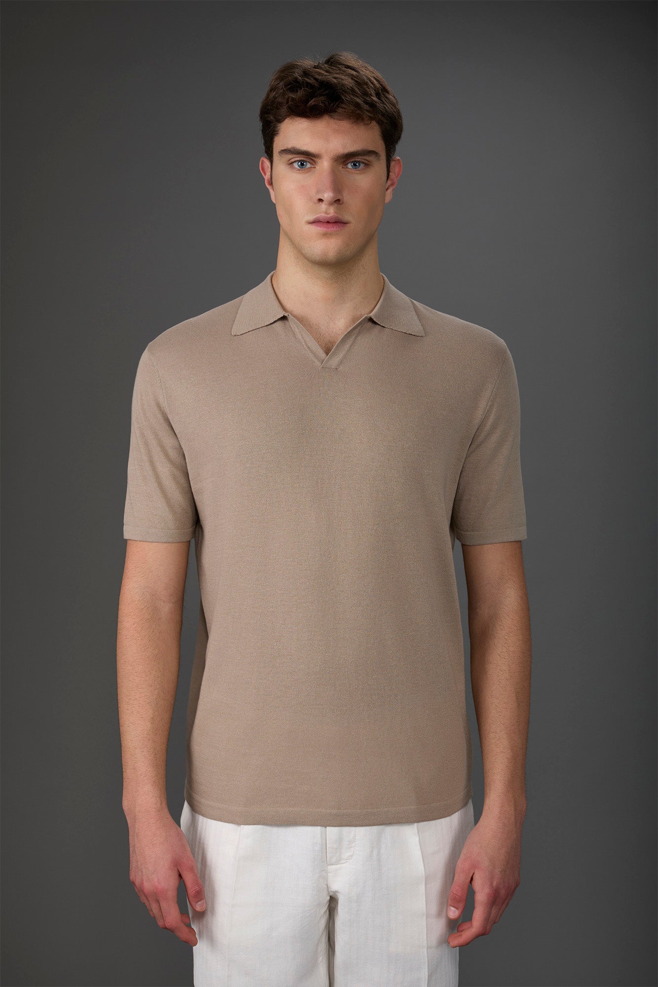 Men's 100% cotton crepe short-sleeved knitted polo shirt with derby collar
